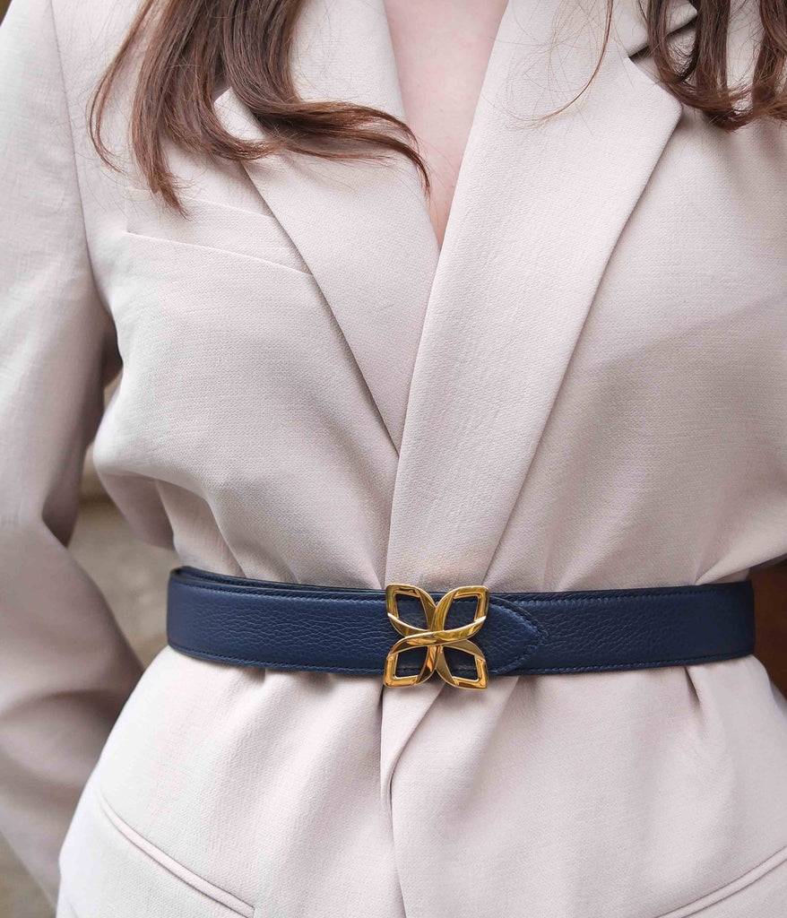 Ceinture Hortensia Doré 33mm | Bleu Marine Bleu Cobalt - Fleuron Paris