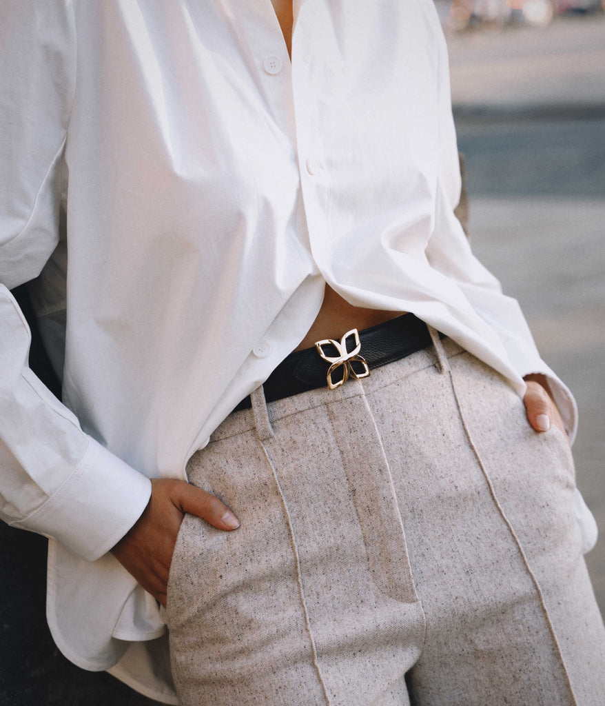 Ceinture Hortensia Doré 33mm | Espresso Noir Lisse - Fleuron Paris